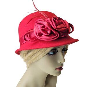 Red Wool Hat, Adjustable Red Hat, Cloche Bucket Hat - NEW